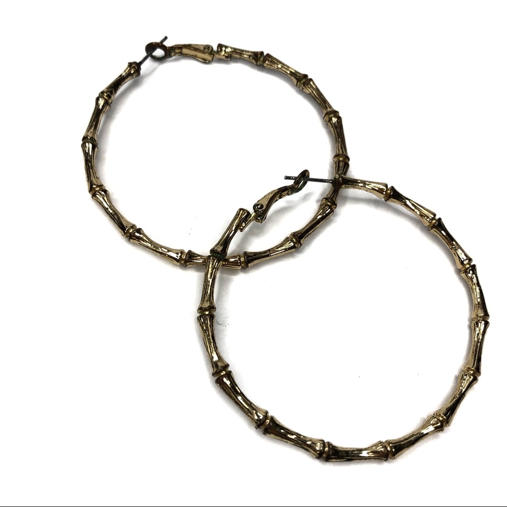 Gold Tone Bamboo 80s Door Knocker Hoop Earrings